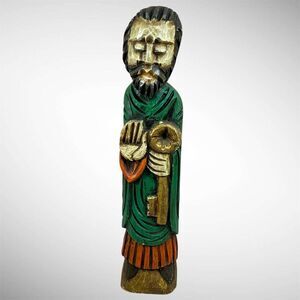 VTG St Peter w/Key Wooden Sculpture SANTOS 19” Hand Carved & Painted Holy Figure